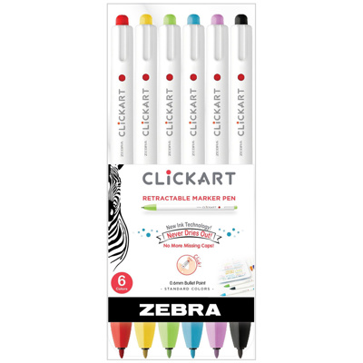 ZEBRA Clicart  Retractable Marker, 0.6mm, x6 Assorted