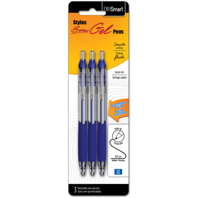 OFFISMART Smooth Gel Retractable Pen, 0.7mm, x3 Blue