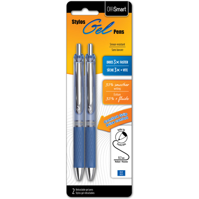 OFFISMART Soft-Grip Gel Pen, 0.7mm, x2 Blue