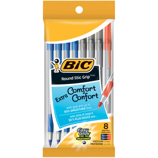 BIC Round Stic Grip Ball Pen, 1.2mm, x8 Assorted
