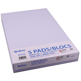 APP Quad Writing Pads, 4-1", 96 Sheets, 8.5"x14", 5 Pack